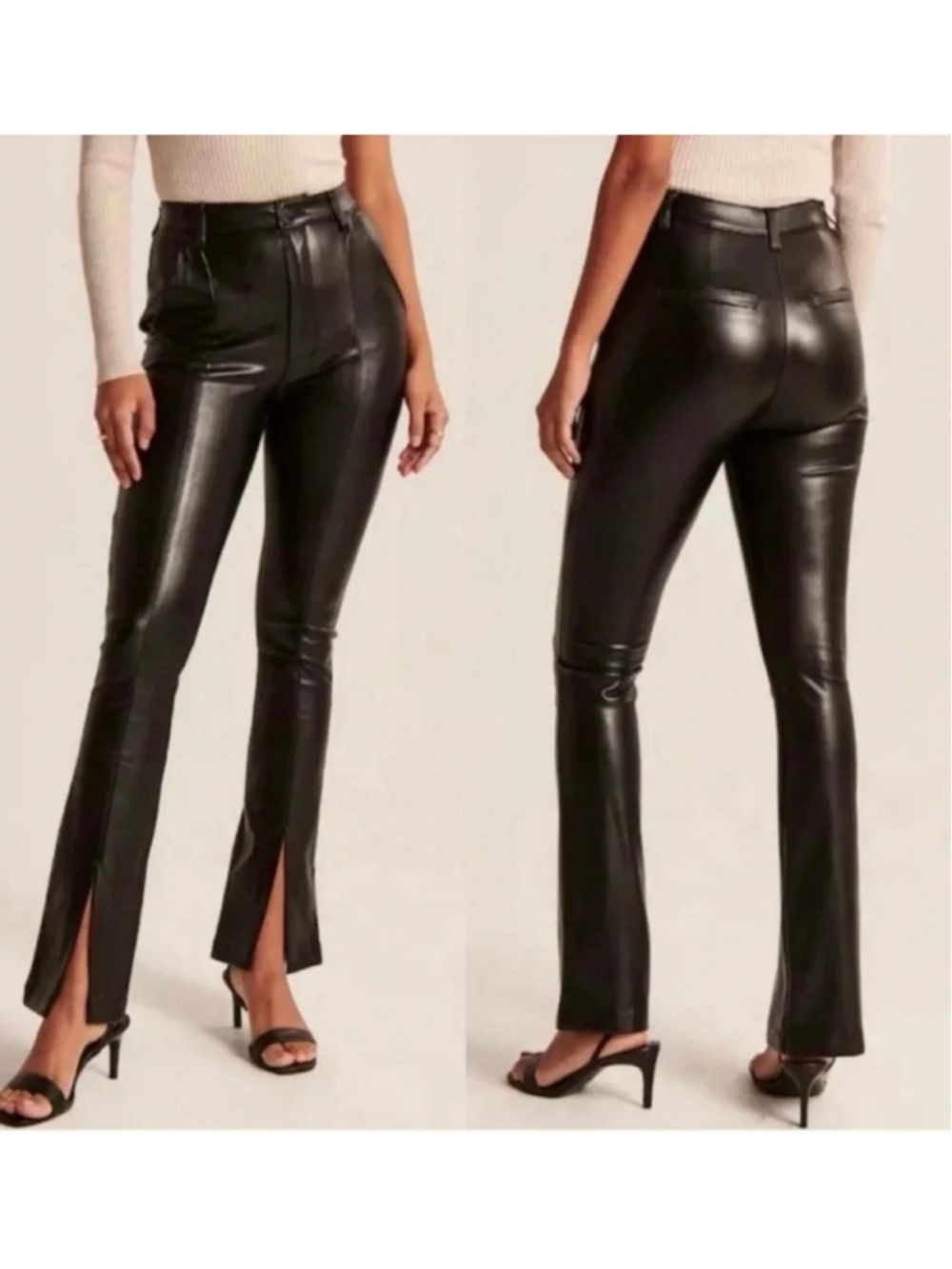 Abercrombie 27/4 The Skinny Ultra High Rise Pants Faux Leather Black Split Hem